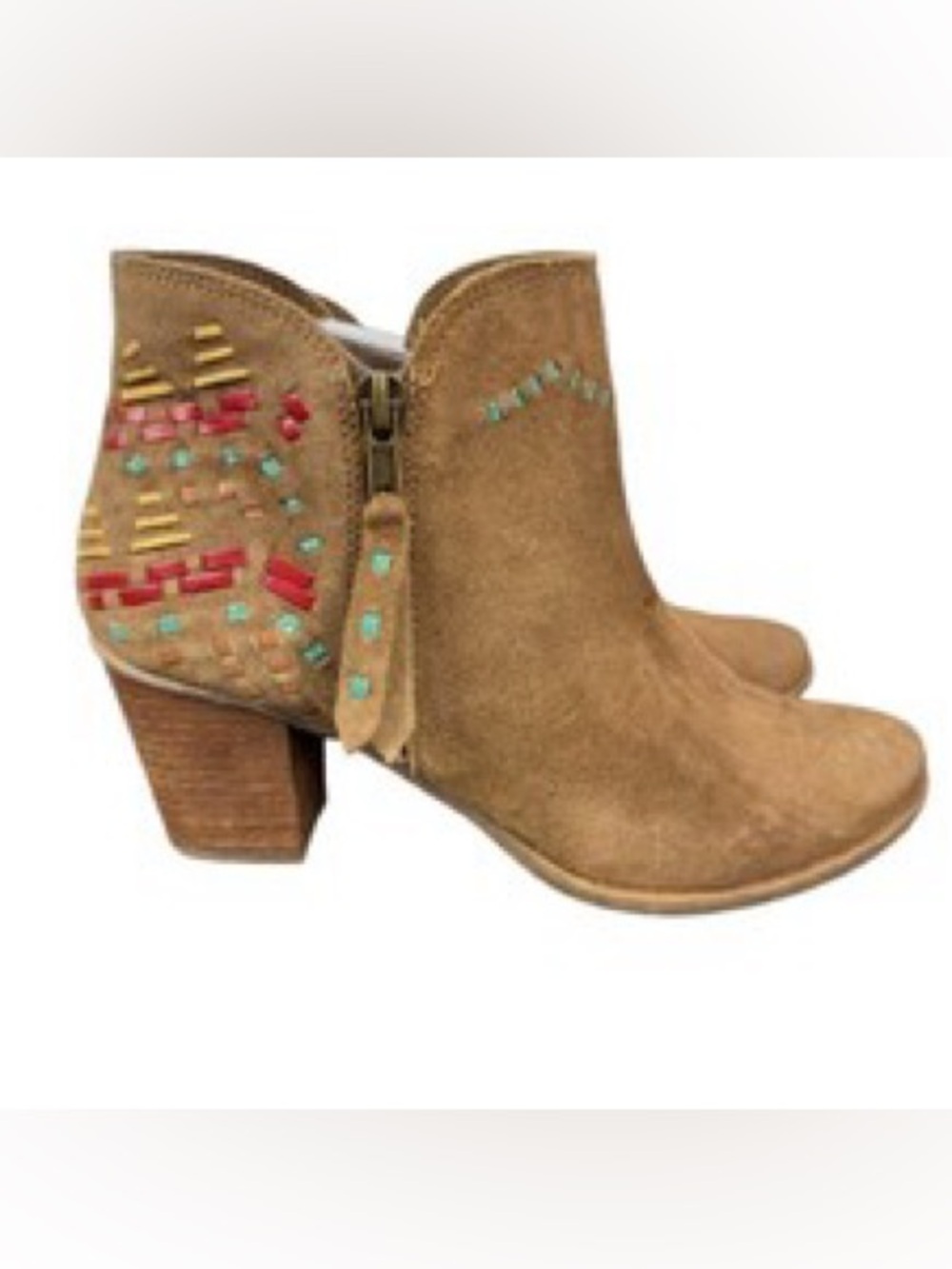 Naughty Monkey brown suede ankle booties woven geometric southwestern Sz 8.5